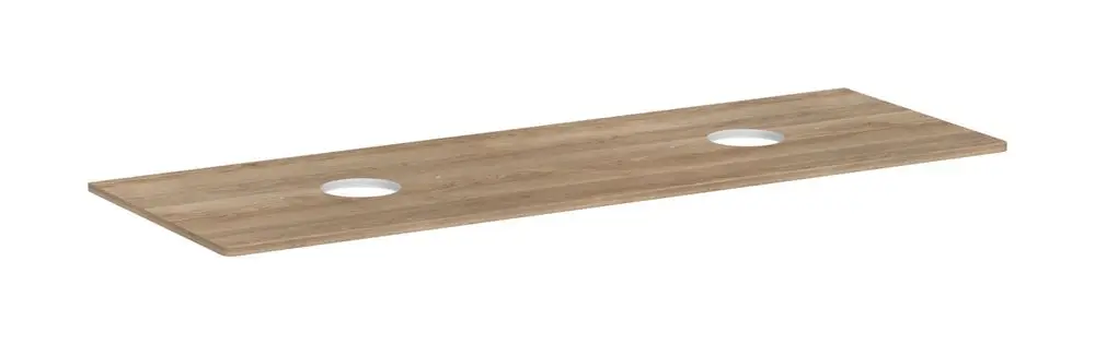 Kombinierte Konsole mit zwei Ausschnitten, geeignet für Aufsatzwaschtische, in Holzoptik mit natürlicher Eichenfarbe, von Hansgrohe.